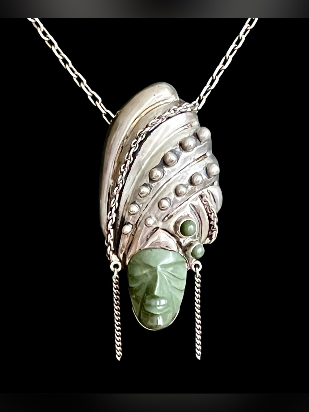 Vintage Mexican Sterling Silver Green Onyx Carved Mask Face Brooch Pin Repousse